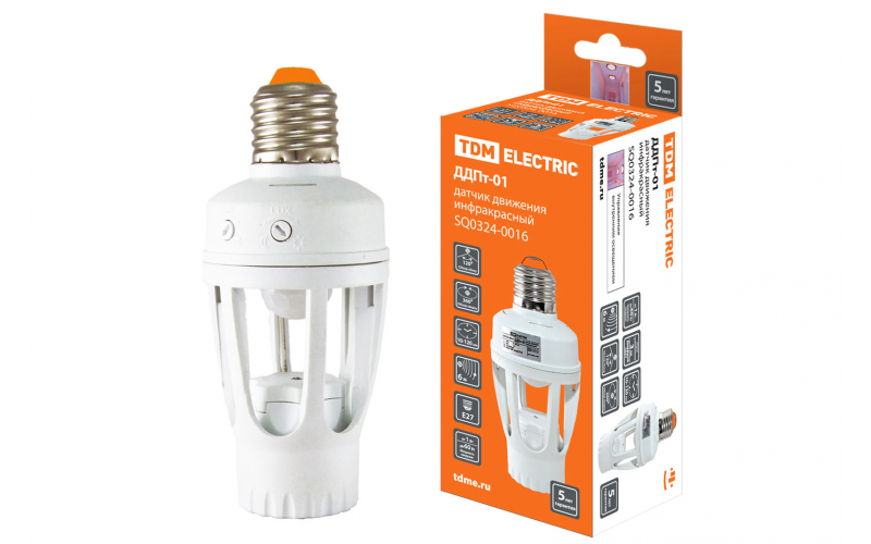 Датчик движения ДДПт-01 60Вт, 10-120с, 6м, 3+Лк, 120(сбоку)+360(сверху)гр IP20, TDM