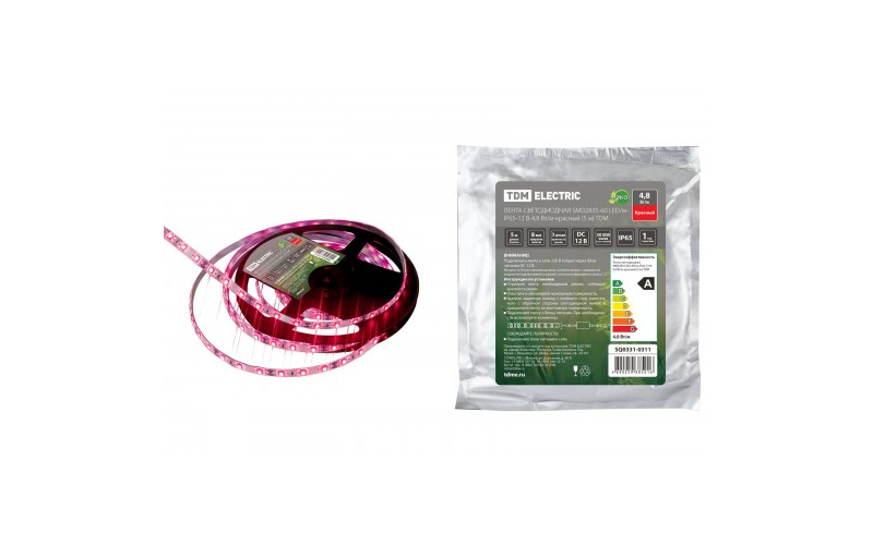 Лента светодиодная SMD2835-60 LED/м-IP65-12 В-4,8 Вт/м-красный (5 м) TDM
