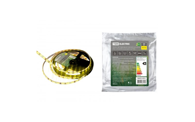 Лента светодиодная SMD2835-60 LED/м-IP65-12 В-4,8 Вт/м-желтый (5 м) TDM